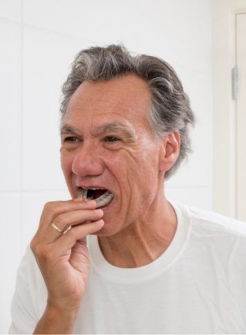 Man placing an occlusal splint tray over his teeth