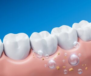 Animated model of fluoride treating teeth.