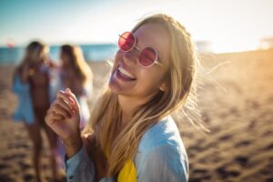 Woman smiling during summer after getting cosmetic dental work